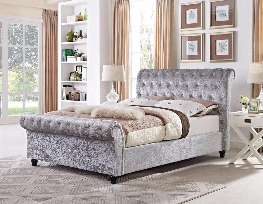 Luxurious Astral Sleigh Bed | Crushed Velvet Upholstered Bed Frame with Tufted Headboard, Rubberwood Legs & Sprung Slats – Multiple Colors
